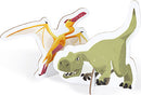 A colorful 3D jigsaw puzzle featuring two dinosaurs: a Tyrannosaurus Rex and a Pterosaur. The puzzle pieces are depicted in vibrant colors, designed for children to assemble and explore.