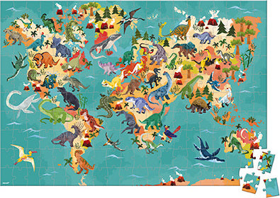 A colorful 3D jigsaw puzzle featuring a detailed world map filled with various dinosaurs, trees, and other elements. The puzzle showcases vibrant illustrations of different dinosaur species situated across continents, surrounded by land and sea, with several puzzle pieces scattered beside it.