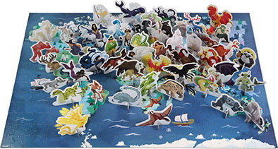 Myths & Legends 3D Puzzle by Juratoys featuring a colorful, intricate jigsaw puzzle depicting various mythical creatures from around the world, displayed in a vibrant landscape with raised pieces for a 3D effect.