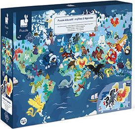 Myths & Legends 3D Puzzle by Juratoys displayed in its packaging. The puzzle features a vibrant, detailed world map adorned with mythical creatures and legendary figures, designed for children aged 7 and up. The colorful imagery includes dragons, unicorns, and various fantastical landscapes, making it an engaging and educational activity for kids.