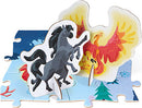 A vibrant 3D jigsaw puzzle featuring a black horse and a colorful phoenix. The puzzle pieces showcase enchanting artwork with a magical theme, suitable for children and puzzle enthusiasts. The horses and mythical creatures pop up from the puzzle base, adding a dynamic element to the completed piece.