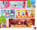 A colorful 100-piece jigsaw puzzle titled 'Dance Academy' by Juratoys, featuring various scenes of dancers in a ballet studio, a decorated stage, and a lively classroom. The images depict girls dancing, practicing ballet, and an atmosphere filled with musical notes and creativity.