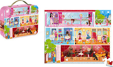 Dance Academy 100-piece jigsaw puzzle by Juratoys, featuring vibrant scenes of a dance studio with children practicing ballet, contemporary dance, and group activities, all packaged in a colorful suitcase.