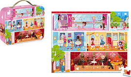 Dance Academy 100-piece jigsaw puzzle by Juratoys, featuring vibrant scenes of a dance studio with children practicing ballet, contemporary dance, and group activities, all packaged in a colorful suitcase.