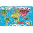 A vibrant and colorful magnetic jigsaw puzzle featuring a detailed world map. The map showcases various countries, continents, and iconic landmarks, illustrated with playful designs and bright colors, making it visually engaging for children. Ideal for educational play, this puzzle encourages learning about geography and the world's diversity.
