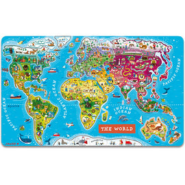 A vibrant and colorful magnetic jigsaw puzzle featuring a detailed world map. The map showcases various countries, continents, and iconic landmarks, illustrated with playful designs and bright colors, making it visually engaging for children. Ideal for educational play, this puzzle encourages learning about geography and the world's diversity.