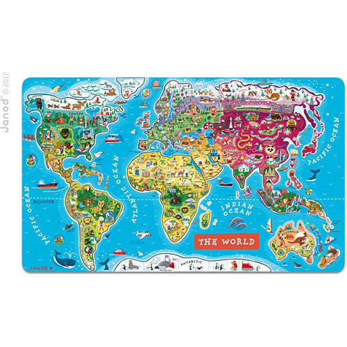 Colorful Magnetic World Map jigsaw puzzle by Juratoys featuring illustrated continents, animals, and landmarks. Ideal for educational play and developing spatial awareness skills in children.