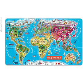 Colorful Magnetic World Map jigsaw puzzle by Juratoys featuring illustrated continents, animals, and landmarks. Ideal for educational play and developing spatial awareness skills in children.