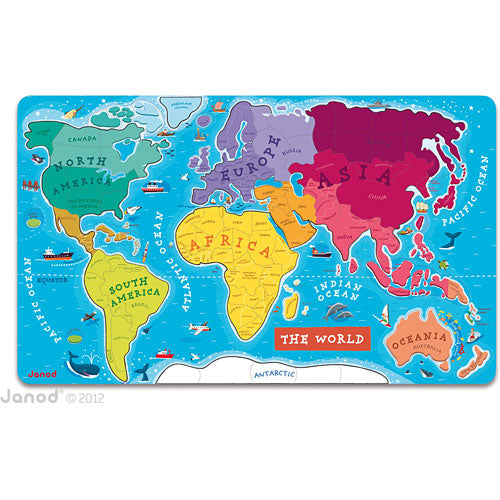 A colorful jigsaw puzzle featuring a detailed map of the world, highlighting continents and oceans with vibrant colors. Ideal for educational play, promoting geography knowledge in children.