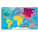 A colorful jigsaw puzzle featuring a detailed map of the world, highlighting continents and oceans with vibrant colors. Ideal for educational play, promoting geography knowledge in children.