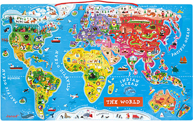 A colorful jigsaw puzzle of a world map designed by Juratoys. The map features various countries in vibrant colors, illustrations of animals, landmarks, and ocean labels. Ideal for educational play and enhancing geography skills.