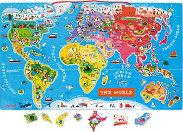 A colorful magnetic world map jigsaw puzzle by Juratoys displaying continents, oceans, and various cultural icons. The puzzle includes magnetic pieces shaped like countries and landmarks, encouraging interactive learning for children. The map features vibrant illustrations of animals, flags, and geographic details, making it an engaging educational tool.
