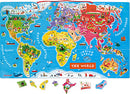 A colorful magnetic world map jigsaw puzzle by Juratoys displaying continents, oceans, and various cultural icons. The puzzle includes magnetic pieces shaped like countries and landmarks, encouraging interactive learning for children. The map features vibrant illustrations of animals, flags, and geographic details, making it an engaging educational tool.