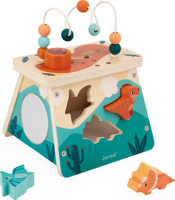 The Multi Activity Volcano by Juratoys is a colorful wooden activity toy designed for young children. It features various blocks shaped like dinosaurs and other elements, which can be inserted into corresponding cutouts on the top of a vibrant volcano-themed base. The toy also includes a bead maze on top, encouraging fine motor skills and problem-solving. The design is playful and engaging, inviting kids to explore and learn through play.