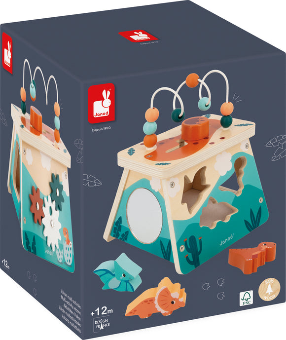 Multi Activity Volcano by Juratoys is a colorful all-in-one educational toy designed for children aged 12 months and up. This wooden activity center features various engaging elements, including shape sorting, bead mazes, and brightly colored animal cutouts like a dinosaur. The toy promotes fine motor skills, hand-eye coordination, and imaginative play, making it an ideal choice for early childhood development. Its sturdy construction and vibrant design make it a great addition to any playroom.