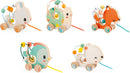 A colorful assortment of five wooden animal pull toys designed for babies. Each toy features a different cute animal design, including a rabbit, a snail, a fox, a bird, and a bear, all with engaging bead mazes and pull strings for interactive play.