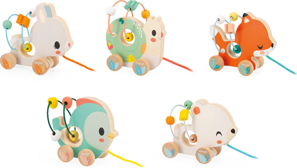 A colorful assortment of five wooden animal pull toys designed for babies. Each toy features a different cute animal design, including a rabbit, a snail, a fox, a bird, and a bear, all with engaging bead mazes and pull strings for interactive play.