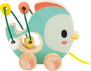 Janod Pure Animal Baby Looping Toy featuring a colorful wooden bird design with beads on wires and wheels, designed for toddlers to enhance fine motor skills and creativity.