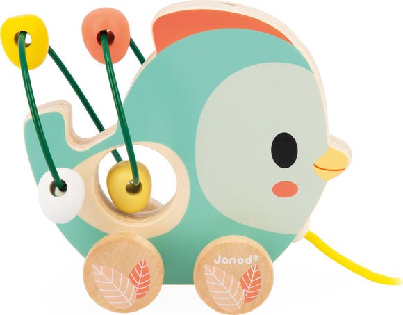Janod Pure Animal Baby Looping Toy featuring a colorful wooden bird design with beads on wires and wheels, designed for toddlers to enhance fine motor skills and creativity.