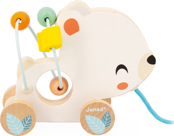A cute wooden pull-along toy designed as a bear, featuring colorful beads and a blue pull string. Ideal for toddlers to develop motor skills and coordination.