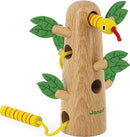 The Tropik Tropical Lace Up Tree by Janod is a wooden tree-shaped educational toy featuring yellow snake and green felt leaves. It includes various holes for lacing activities, promoting fine motor skills and hand-eye coordination in children.