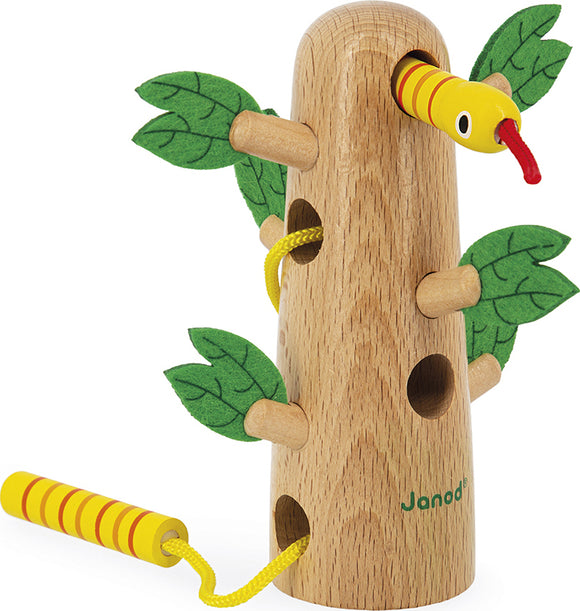 The Tropik Tropical Lace Up Tree by Janod is a wooden tree-shaped educational toy featuring yellow snake and green felt leaves. It includes various holes for lacing activities, promoting fine motor skills and hand-eye coordination in children.