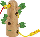The Tropik Tropical Lace Up Tree by Janod features a wooden tree structure adorned with colorful leaves. The playful design includes a winding snake with a red tongue that weaves through holes in the tree, promoting fine motor skills in children.