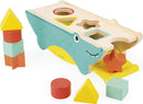 The Tropik Shape Sorting Crocodile by Janod is a colorful wooden toy featuring a happy crocodile design with various shaped holes on its back. Brightly colored geometric blocks in different shapes like triangles, squares, and stars are included, encouraging children to match and sort them correctly. Perfect for developing fine motor skills and shape recognition in young children.
