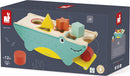 The Tropik Shape Sorting Crocodile by Janod is a playful wooden toy designed for children aged 12 months and up. It features a crocodile-shaped base with cut-outs to fit various geometric shapes including a star, triangle, and circle. The crocodile is adorned with a cheerful face and vibrant colors, encouraging early learning through shape recognition and motor skills development. The included shapes come in different colors and forms, making it a delightful addition to any child's playtime.