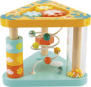 The Tropik Multi-Activity Triangle from Janod features a vibrant triangular design with colorful gears, a bead maze, and stacking rings. It encourages motor skills and imaginative play for young children, with playful floral patterns and bright, engaging colors.