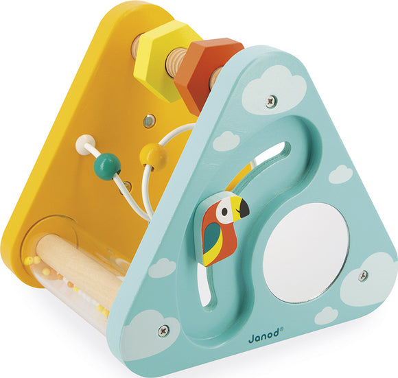 The Tropik Multi-Activity Triangle by Janod is a colorful and engaging wooden activity toy designed for toddlers. It features vibrant colors, a bird graphic, beads, and a mirror for sensory play. The triangular shape encourages exploration and fine motor skills, making it an ideal playtime companion for young children.