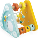 Janod Tropik Multi-Activity Triangle toy features colorful triangle shapes in blue, yellow, and orange. Designed for young children, it includes a mirror, a wooden bead maze, and movable shapes for exploration and fine motor skill development. The design features cheerful cloud motifs and a playful bird design, encouraging imaginative play and sensory engagement.