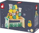 Tropik Balancing Games by Juratoys, featuring colorful wooden animal shapes and leaves stacked on a unique base. Ideal for developing fine motor skills and balance, designed for children aged 2 and above.