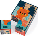 A vibrant jigsaw puzzle set featuring six wooden animal blocks. The blocks are illustrated with colorful cartoon animals including a bear and a koala, set against a playful forest background. This educational toy promotes creativity and problem-solving for young children.