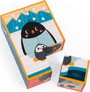 A colorful jigsaw puzzle featuring six animal-themed wooden blocks. The blocks showcase illustrations of various animals, including a penguin and other whimsical designs, set against a vibrant background. Perfect for children, this puzzle encourages creativity and enhances problem-solving skills.