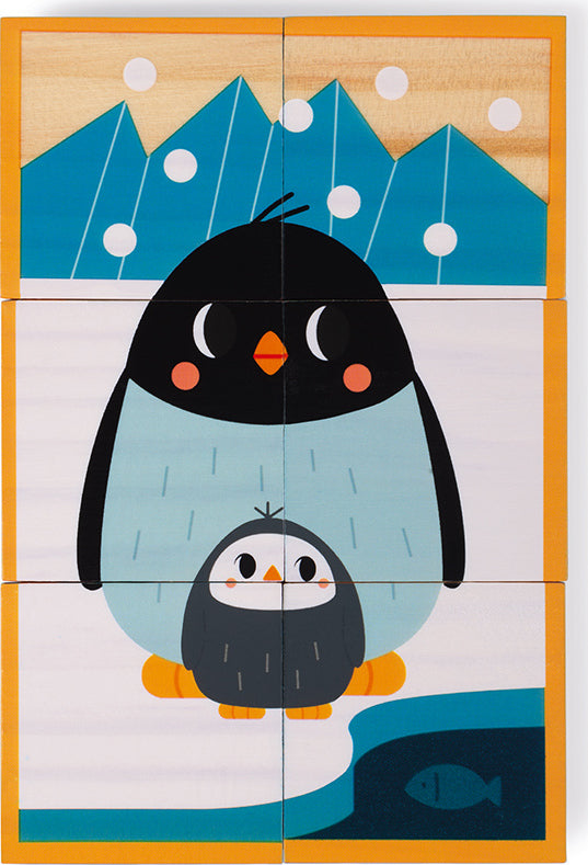 Colorful jigsaw puzzle featuring a cute illustration of a large penguin and a smaller penguin on an icy background with mountains and a fish in water.