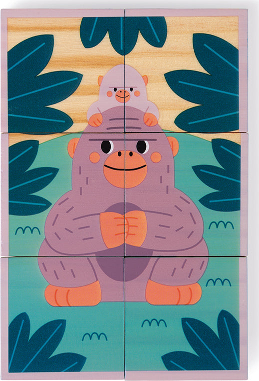 A colorful jigsaw puzzle featuring a friendly gorilla with a baby gorilla on its head, surrounded by green leaves. The puzzle has six wooden blocks that fit together to reveal the cheerful animals in a playful jungle setting.