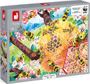 The Bee Life Puzzle by Janod features a vibrant illustration of bees buzzing around a honeycomb on a tree. The box shows a colorful outdoor scene with flowers and a clear blue sky. It includes 100 jigsaw pieces and is designed for children aged 6 and up. Environmentally friendly, made in France, and supports sustainable toy creation.