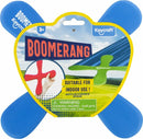 Keycraft Boomerang toy featuring a vibrant blue and green design, suitable for indoor use. The packaging displays a hand holding the boomerang, with a scenic background of fields and a warning for choking hazards. Designed for children aged 3 and up.