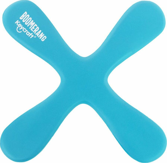 A bright blue boomerang with a unique X-shaped design, featuring the word 'BOOMERANG' and 'Keycraft' printed on it. Ideal for outdoor play and fun activities.