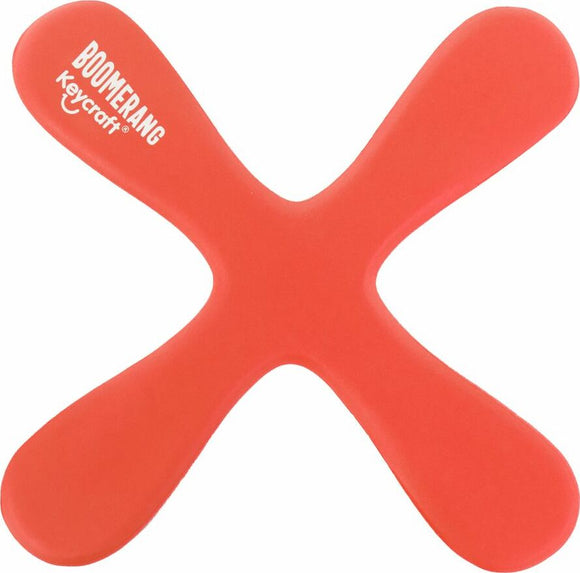 Bright red boomerang toy crafted by Keycraft, featuring a sleek, aerodynamic design suited for outdoor play. Ideal for fun activities with friends and family.