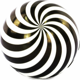 A close-up view of the Illusion Ball by Keycraft, featuring a striking black and white spiral pattern that creates an optical illusion effect. The spherical design is smooth, inviting touch and engagement, suitable as a fidget toy or decorative piece.