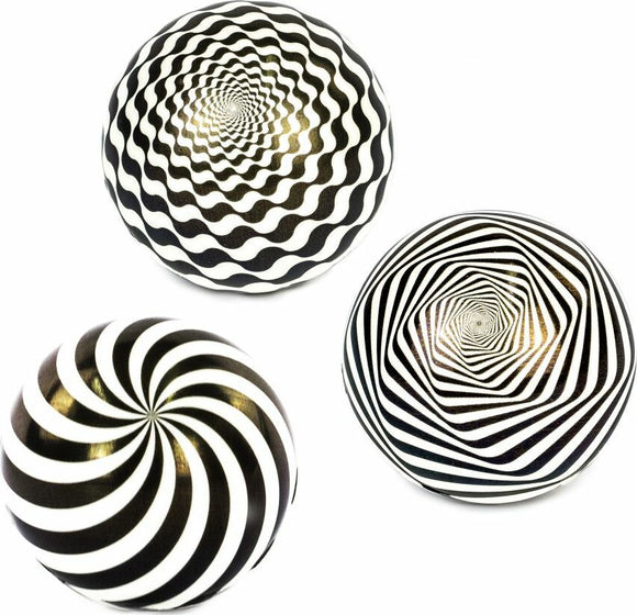 A set of three Illusion Balls featuring mesmerizing spiral patterns in black and white. Each ball showcases a different hypnotic design, ideal for sensory play or decorative use.