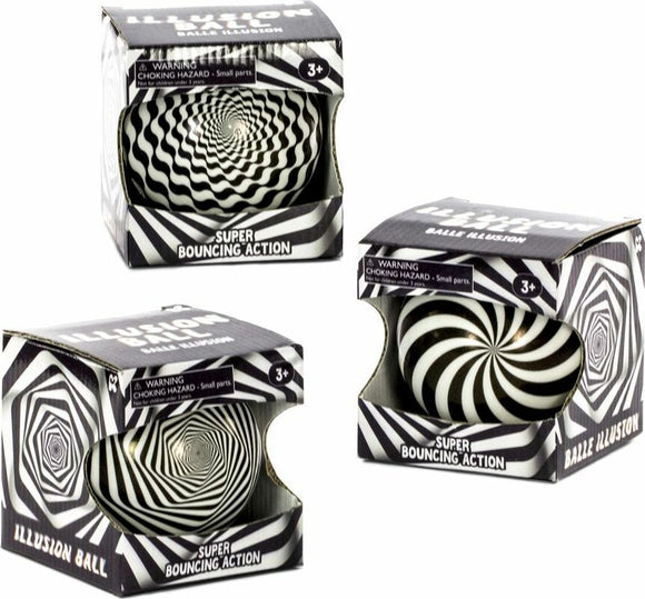 The Illusion Ball by Keycraft is a visually captivating fidget toy featuring a black and white spiral pattern. The product comes in a colorful box that highlights its unique design and 'Super Bouncing Action' feature. Ideal for kids ages 3 and up, it emphasizes fun while cautioning about small parts.