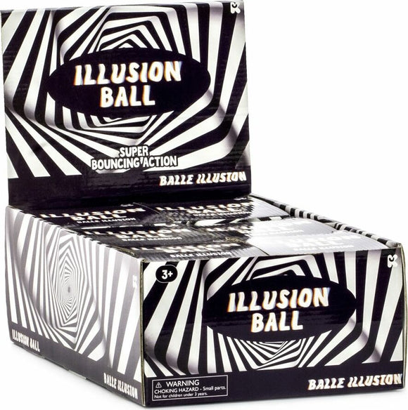 The Illusion Ball by Keycraft is a vibrant, black and white toy featuring a unique spiral design. It promises super bouncing action, perfect for kids aged 3 and up. The packaging showcases multiple Illusion Balls stacked neatly, emphasizing the fun and playful nature of this exciting toy.
