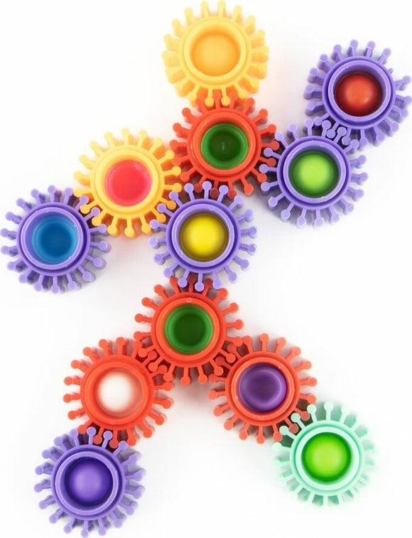 A vibrant arrangement of 21 colorful PopGears pieces, showcasing a variety of vibrant colors including red, orange, yellow, green, and purple. Each piece features a circular base with multiple rounded spikes, designed for interactive play and sensory engagement. Ideal for stress relief and fidgeting activities.