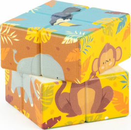 The Animal Magic Cube by Keycraft is a colorful mechanical puzzle featuring playful animal illustrations including a monkey and an elephant. The cube has vibrant patterns with jungle-themed leaves, encouraging problem-solving skills while providing a fun, tactile experience for users.