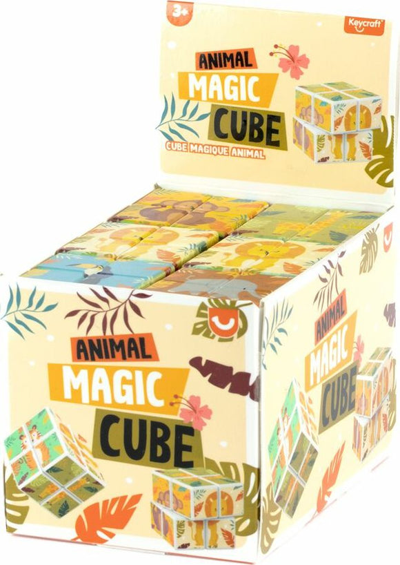 Colorful Animal Magic Cube by Keycraft, displayed in a box. The mechanical puzzle features various animal illustrations on the cube surfaces. Perfect for enhancing problem-solving skills in children aged 3 and above.
