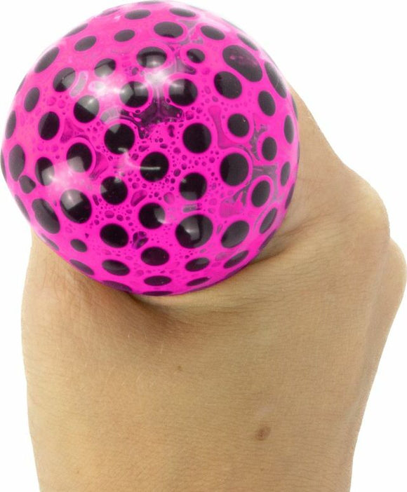 A person holding a pink and black Beadz Alive Ball, measuring 2.5 inches, featuring a unique bubble design and textured surface, perfect for sensory play.