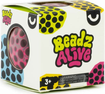 Beadz Alive Ball 2.5" by Keycraft. A colorful packaging featuring a vibrant design with polka dots and the playful text 'Beadz Alive.' The box is labeled for ages 3 and up, containing a tactile ball toy inside.